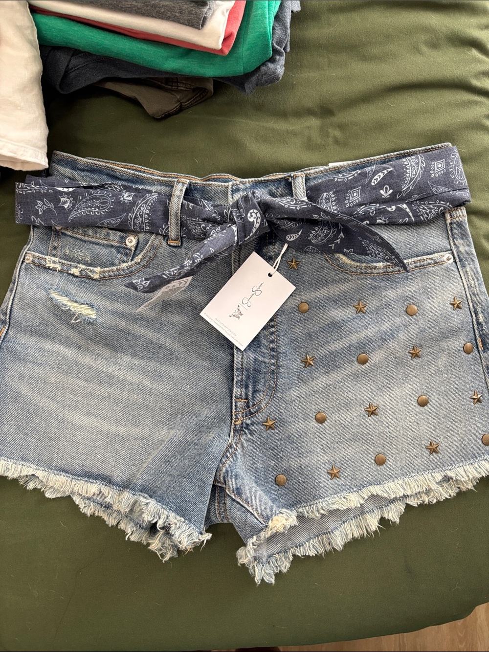 Jessica Simpson Light Blue Star-Stud Denim Shorts with Bandana Belt